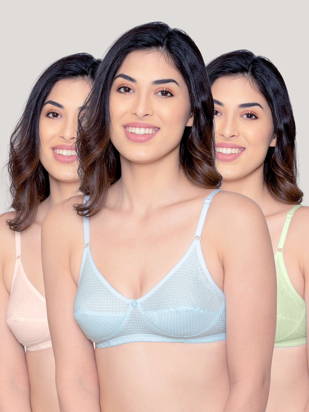 Elin Non Padded Dot Printed Cotton Everyday Bra | Pack of 3-PEACH S.BLUE GREEN