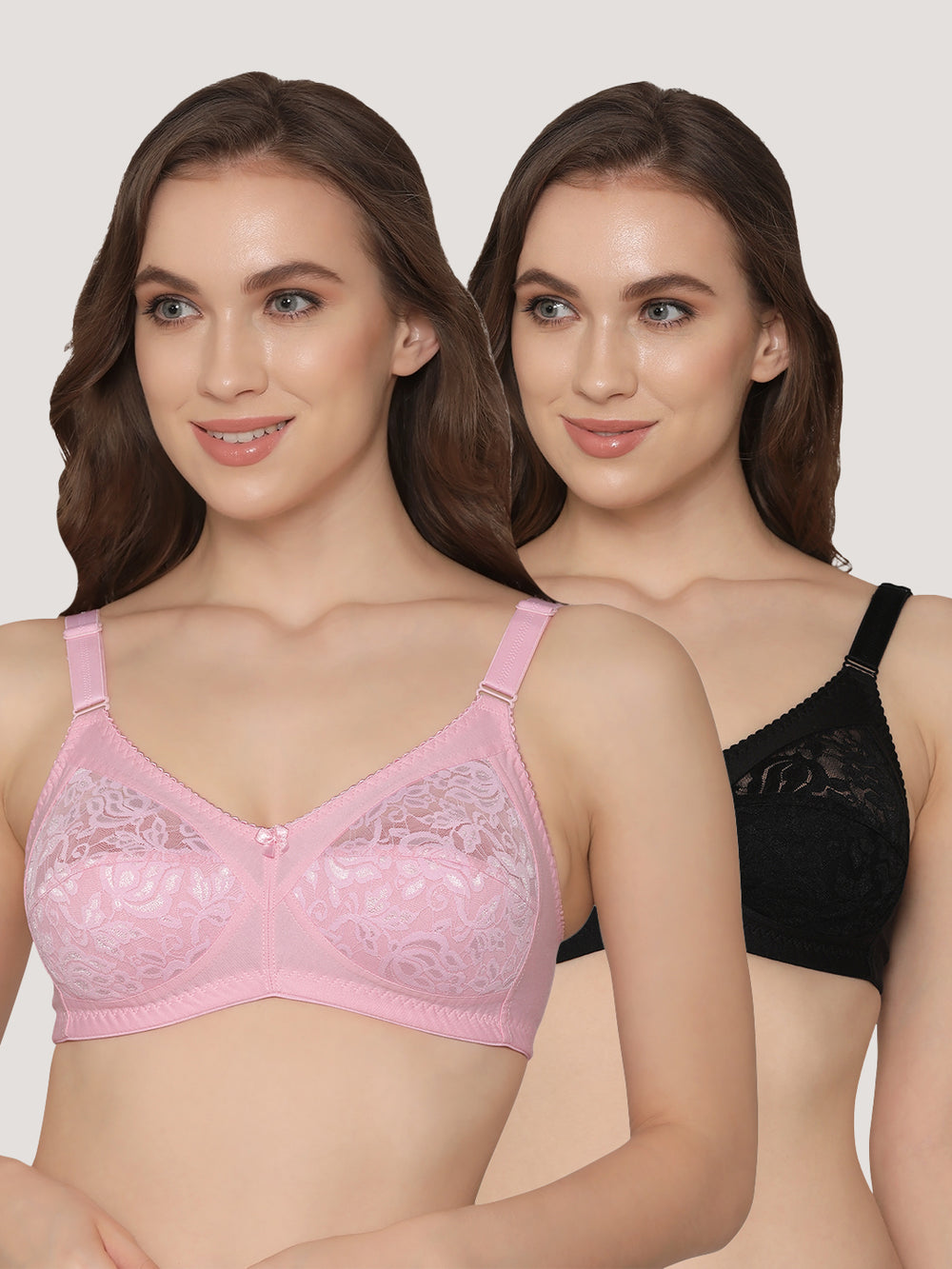 K LINGERIE Clare Women's Full Support Non Padded Delicate Lace Bra-PINK BLACK