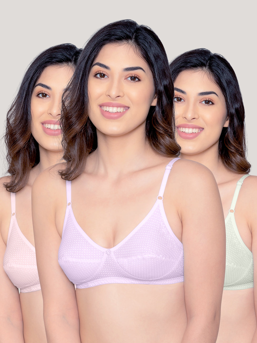 Elin Non Padded Dot Printed Cotton Everyday Bra | Pack of 3-PINK LAVENDER LEMON