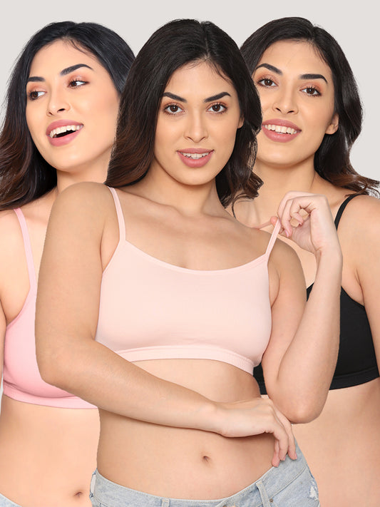 Mia Full Coverage Cotton Beginners Bra | Pack of 3-PINK P.PEACH BLACK