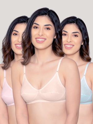 Elin Non Padded Dot Printed Cotton Everyday Bra | Pack of 3-PINK PEACH S.BLUE