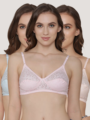 Snow Waves Printed Cotton Everyday Bra | Pack of 3-PINK PEACH S.BLUE