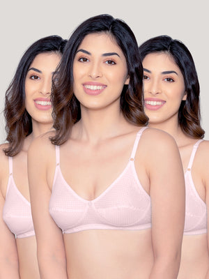 Elin Non Padded Dot Printed Cotton Everyday Bra | Pack of 3-PINK PINK PINK