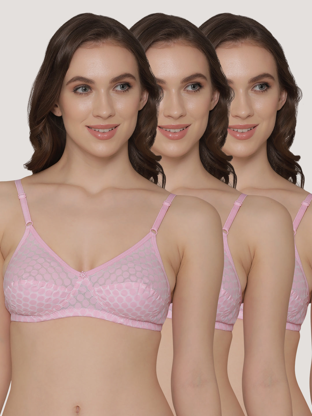 Moon Printed Cotton Polka Dot Daily Wear Bra | Pack of 3-PINK PINK PINK