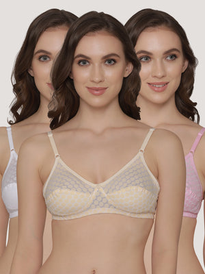 Moon Printed Cotton Polka Dot Daily Wear Bra | Pack of 3-PINK SKIN WHITE