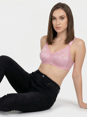 K LINGERIE Clare Women's Full Support Non Padded Delicate Lace Bra-PINK PINK