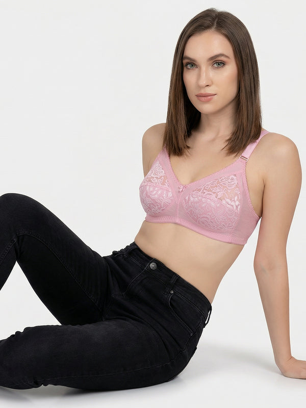 K LINGERIE Clare Women's Full Support Non Padded Delicate Lace Bra-PINK PINK