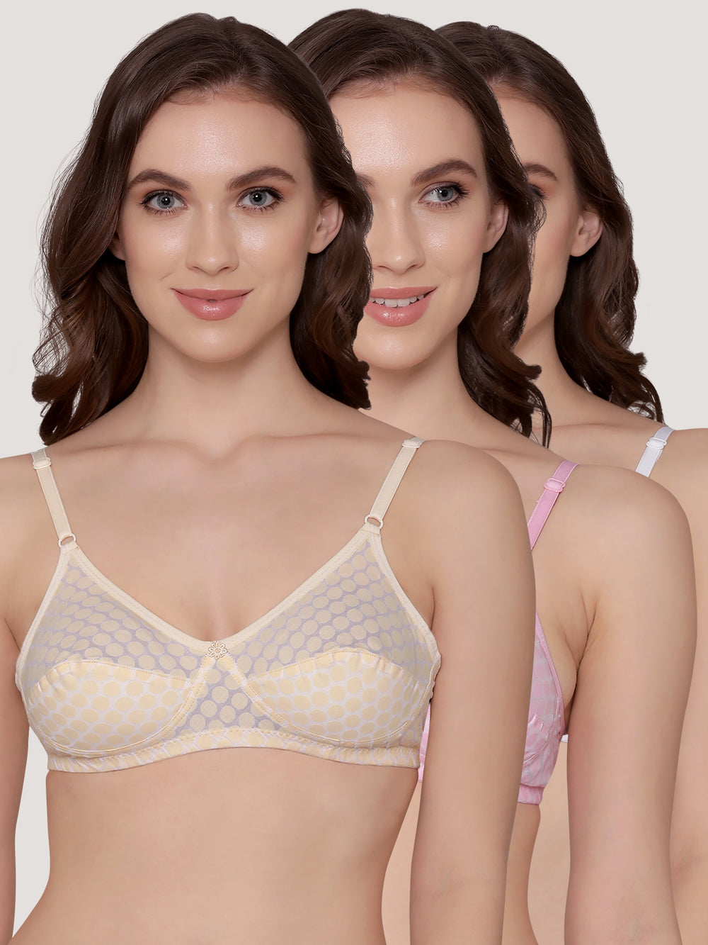 Moon Printed Cotton Polka Dot Daily Wear Bra | Pack of 3-PINK SKIN WHITE