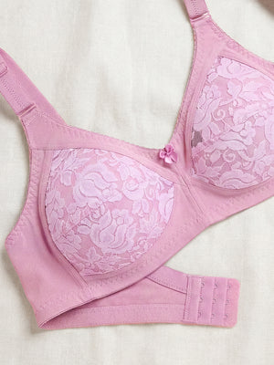 K LINGERIE Clare Women's Full Support Non Padded Delicate Lace Bra-PINK BLACK