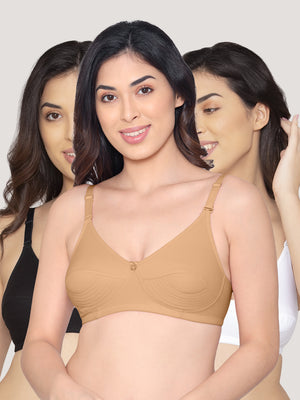 Pranika Non Padded Seamed Everyday Bra | Pack of 3-BLACK CAMEL WHITE