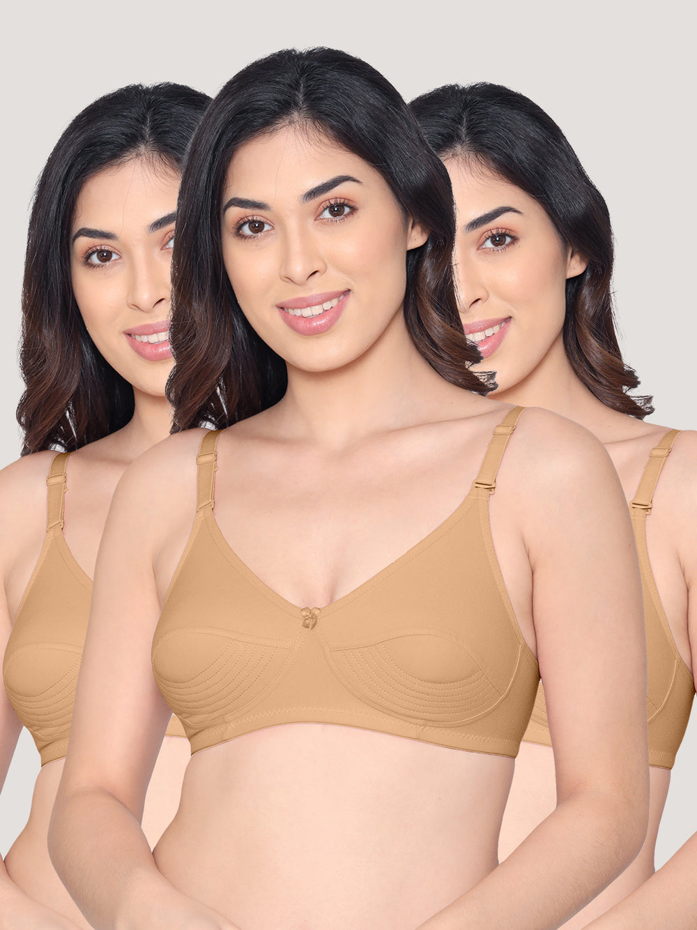 Pranika Non Padded Seamed Everyday Bra | Pack of 3-CAMEL CAMEL CAMEL