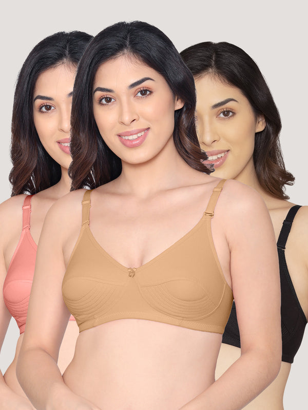 Pranika Non Padded Seamed Everyday Bra | Pack of 3-ROSE CAMEL BLACK