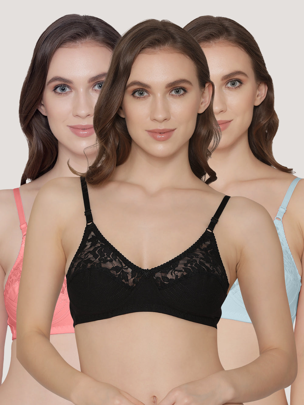 Deepali Non Padded Everyday Lace Bra | Pack of 2-ROSE BLACK SKY BLUE