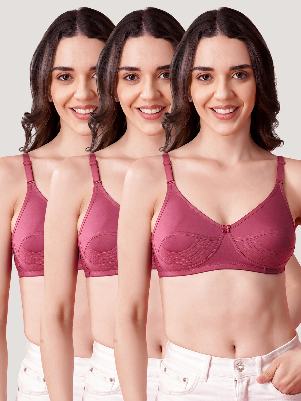 Pranika Non Padded Seamed Everyday Bra | Pack of 3-ROSE BUD ROSE BUD ROSE BUD