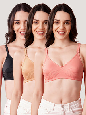 Pranika Non Padded Seamed Everyday Bra | Pack of 3-ROSE CAMEL BLACK