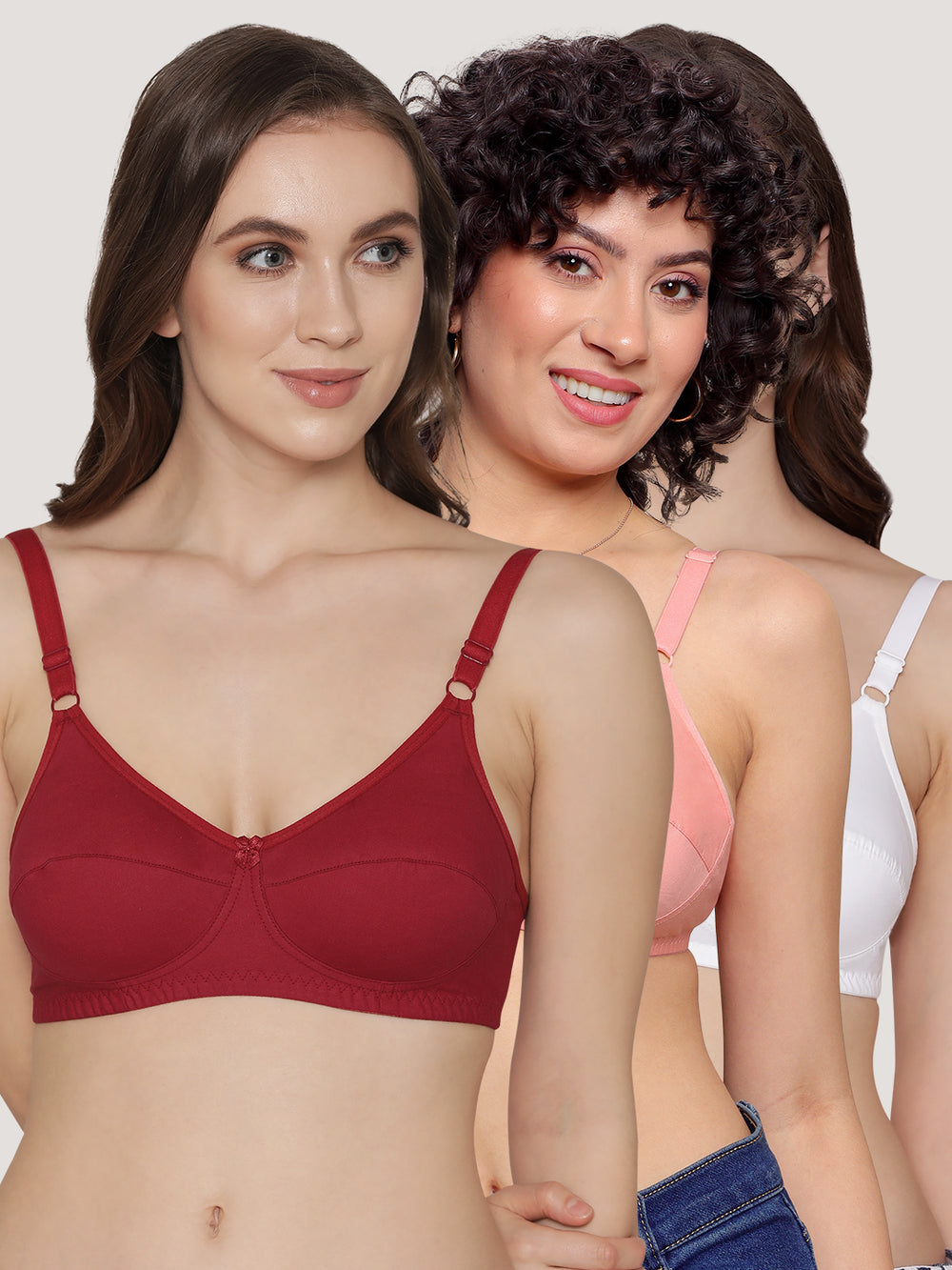 K LINGERIE Manvi Women's Non Padded Wirefree Cotton Everyday Bra-ROSE MAROON WHITE