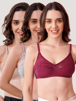 Deepali Non Padded Everyday Lace Bra | Pack of 3-ROSEBUD FAWN GREY