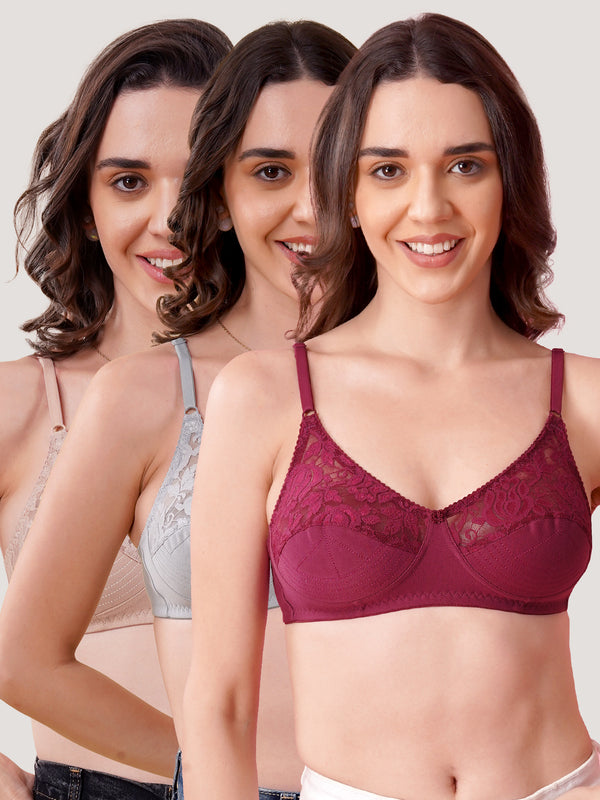 Deepali Non Padded Everyday Lace Bra | Pack of 3-ROSEBUD FAWN GREY