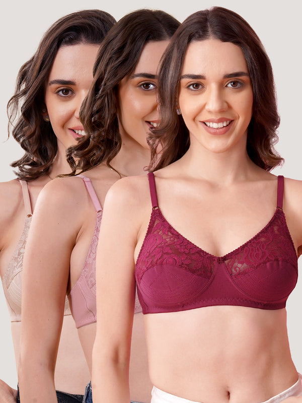 Deepali Non Padded Everyday Lace Bra | Pack of 3-ROSEBUD ONION FAWN