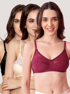 Deepali Non Padded Everyday Lace Bra | Pack of 3-ROSEBUD SKIN BLACK