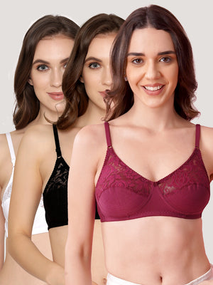 Deepali Non Padded Everyday Lace Bra | Pack of 3-ROSEBUD WHITE BLACK