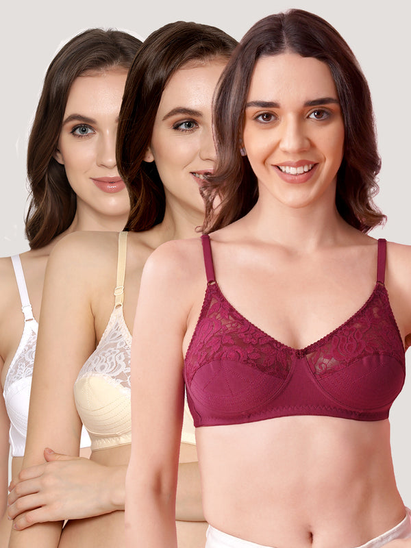 Deepali Non Padded Everyday Lace Bra | Pack of 3-ROSEBUD WHITE SKIN