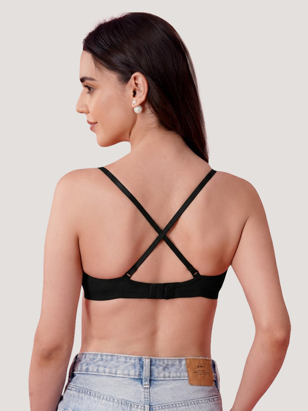 K LINGERIE Roxy Girl's Non Padded Multiway Straps Demi Cup Balconette Bra-U.SKIN BLACK