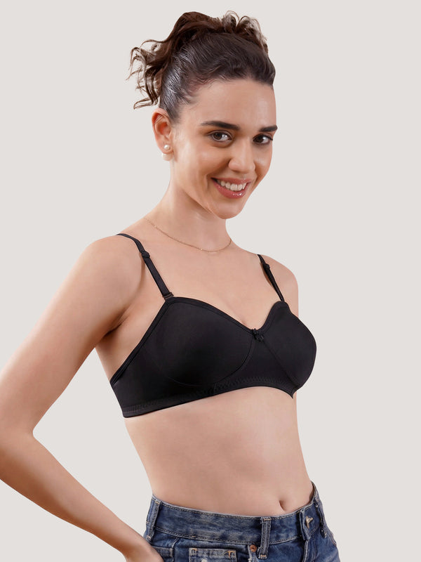 K LINGERIE Roxy Girl's Non Padded Multiway Straps Demi Cup Balconette Bra-U.SKIN BLACK