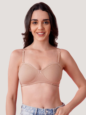 K LINGERIE Roxy Girl's Non Padded Multiway Straps Demi Cup Balconette Bra-FAWN FAWN