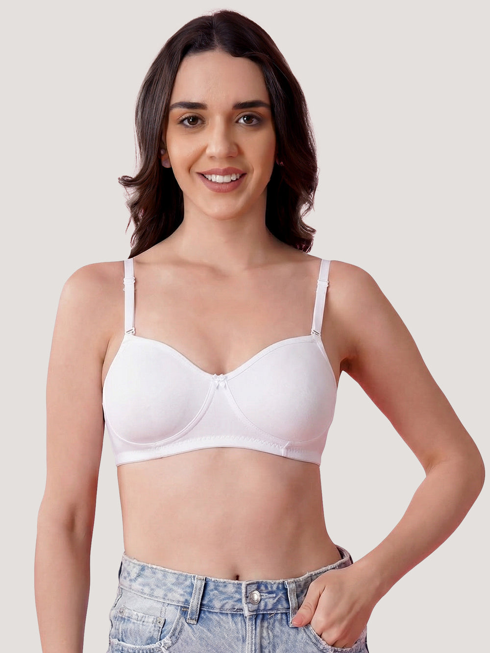 K LINGERIE Roxy Girl's Non Padded Multiway Straps Demi Cup Balconette Bra-WHITE WHITE