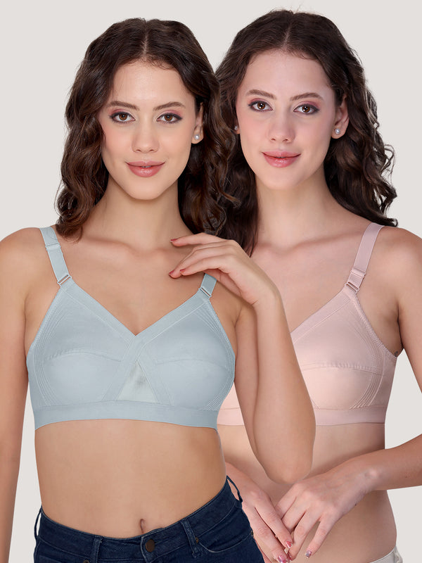 Kalyani Vega Ultimate Support Cross-Front Full Coverage Rich Cotton Bra with Side-Elastic Lift (C-F Cups) | Pack of 2 |S.BLUE CREPE