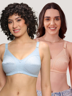 Kalyani Nitara Non Padded Wirefree Cups Full Coverage Everyday Cotton Bra | Pack of 2- S.BLUE  L.PEACH