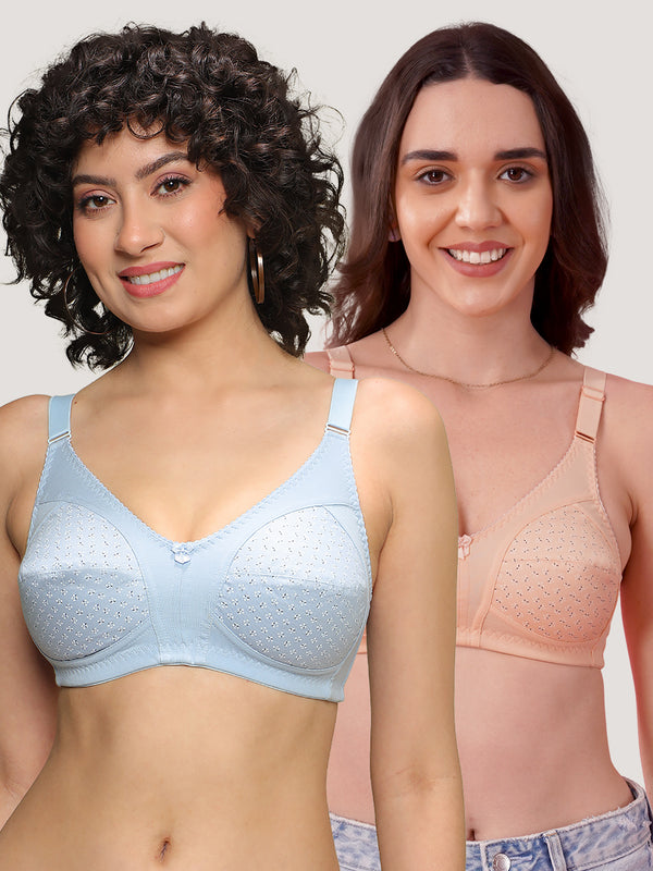 Kalyani Nitara Non Padded Wirefree Cups Full Coverage Everyday Cotton Bra | Pack of 2- S.BLUE  L.PEACH