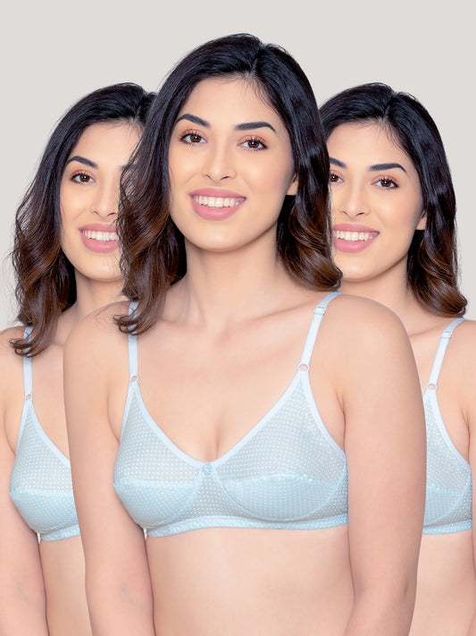 Elin Non Padded Dot Printed Cotton Everyday Bra | Pack of 3-S.BLUE S.BLUE S.BLUE