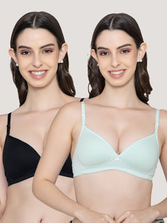 K LINGERIE Orchid Plunge Neck Soft Padded Detachable Straps Low Back Bra for Women & Girls- SEA GREEN BLACK