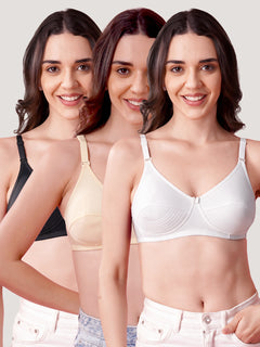 Pranika Non Padded Seamed Everyday Bra | Pack of 3 SKIN BLACK WHITE