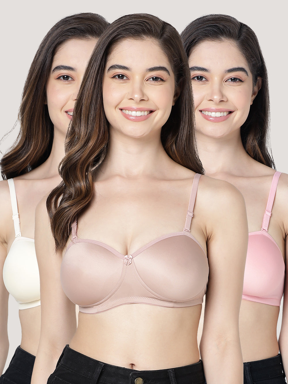 Leslie Light Padded Seamless Balconette Bra | Pack of 3-SKIN FAWN D.PINK