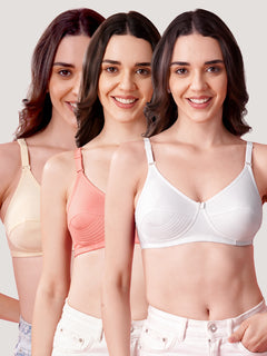 Pranika Non Padded Seamed Everyday Bra | Pack of 3 SKIN ROSE WHITE