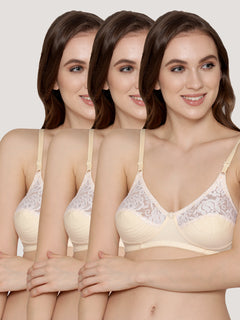 Deepali Non Padded Everyday Lace Bra | Pack of 3-SKIN SKIN SKIN