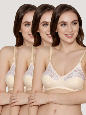 Deepali Non Padded Everyday Lace Bra | Pack of 3-SKIN SKIN SKIN