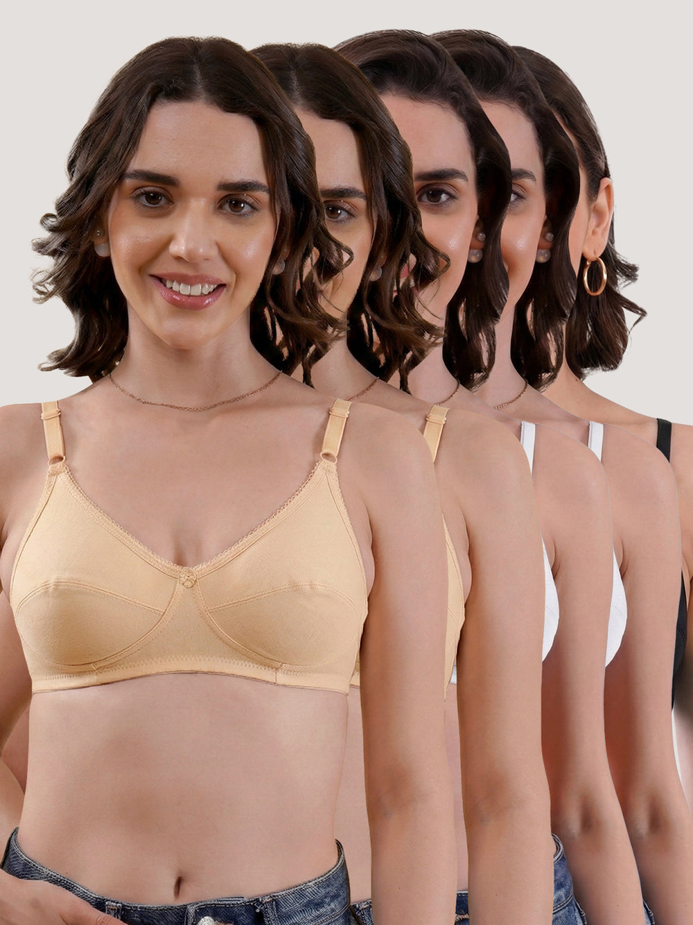 Kalyani Rinni Non Padded Everyday Cotton Bra with Minimal Lace Details | Pack of 5 SKIN  SKIN  WHITE  WHITE  BLACK