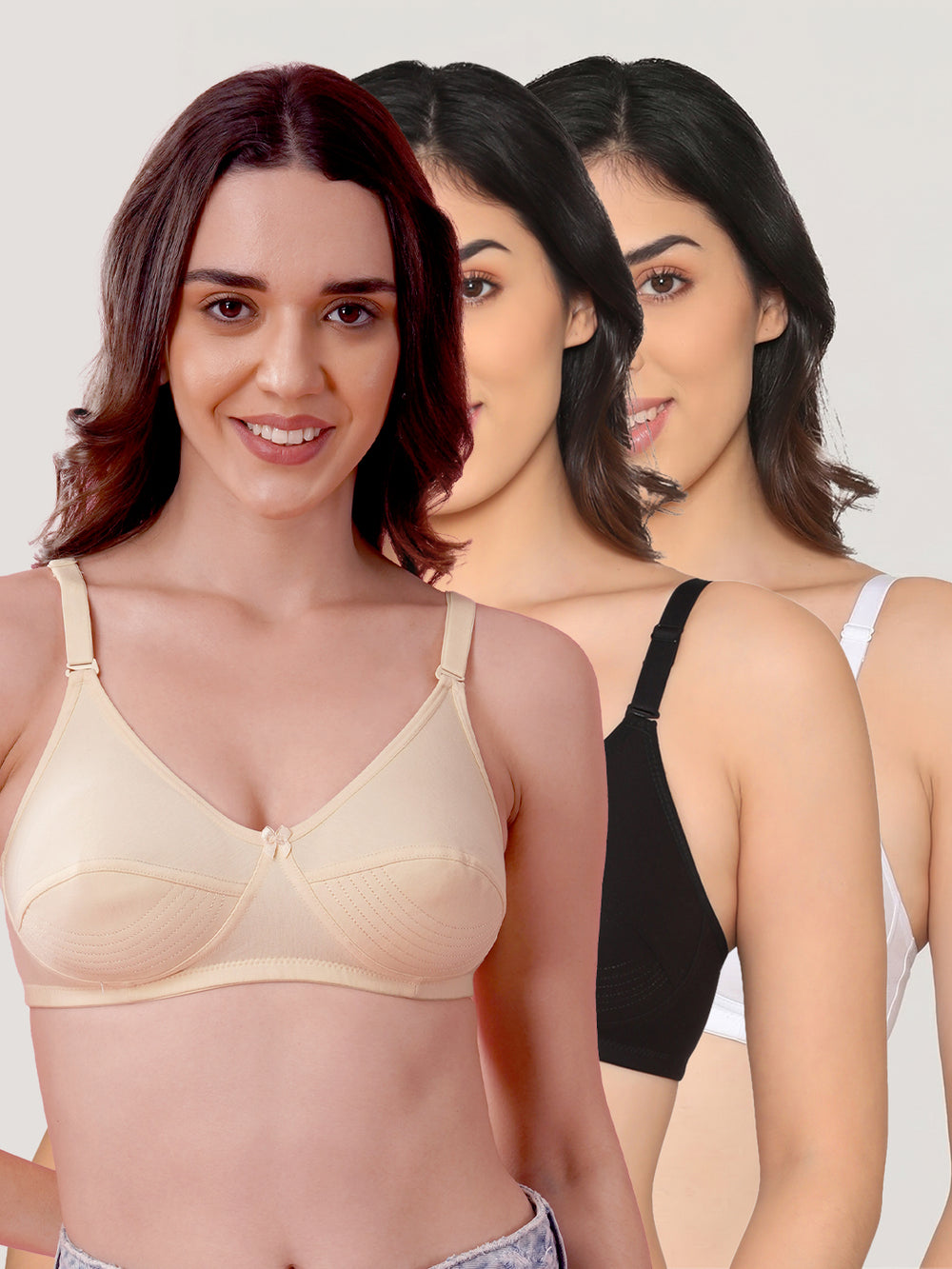 Pranika Non Padded Seamed Everyday Bra | Pack of 3 SKIN BLACK WHITE