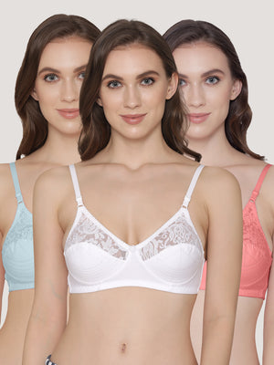 Deepali Non Padded Everyday Lace Bra | Pack of 3-SKY BLUE WHITE ROSE