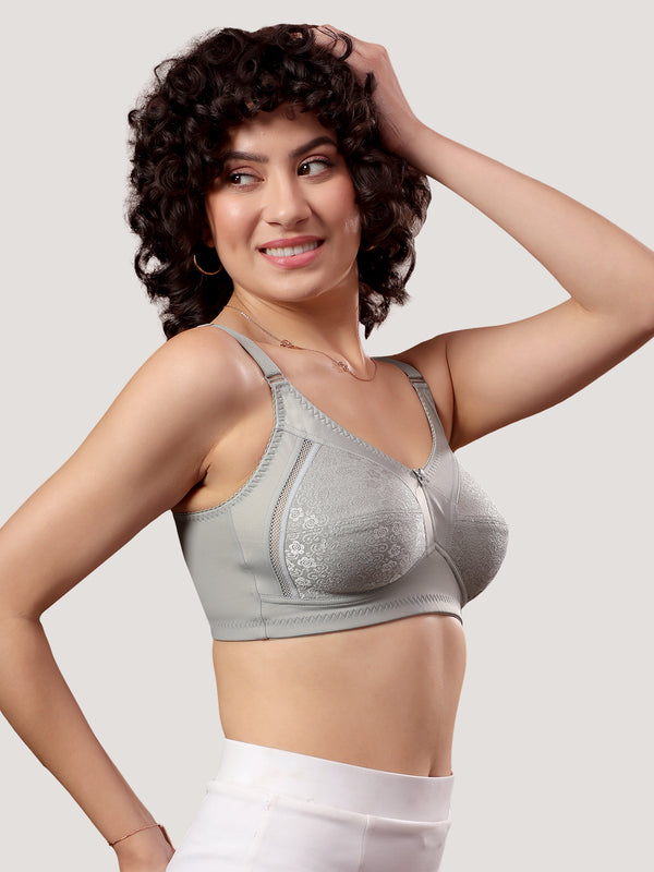 Kalyani Sandy Women’s Full Coverage Non-Padded Lace Bra with M Frame Front Panel Pack of 2 | L.GREY BLACK