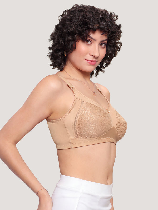 Kalyani Sandy Women’s Full Coverage Non-Padded Lace Bra with M Frame Front Panel Pack of 2 | NUDE BLACK