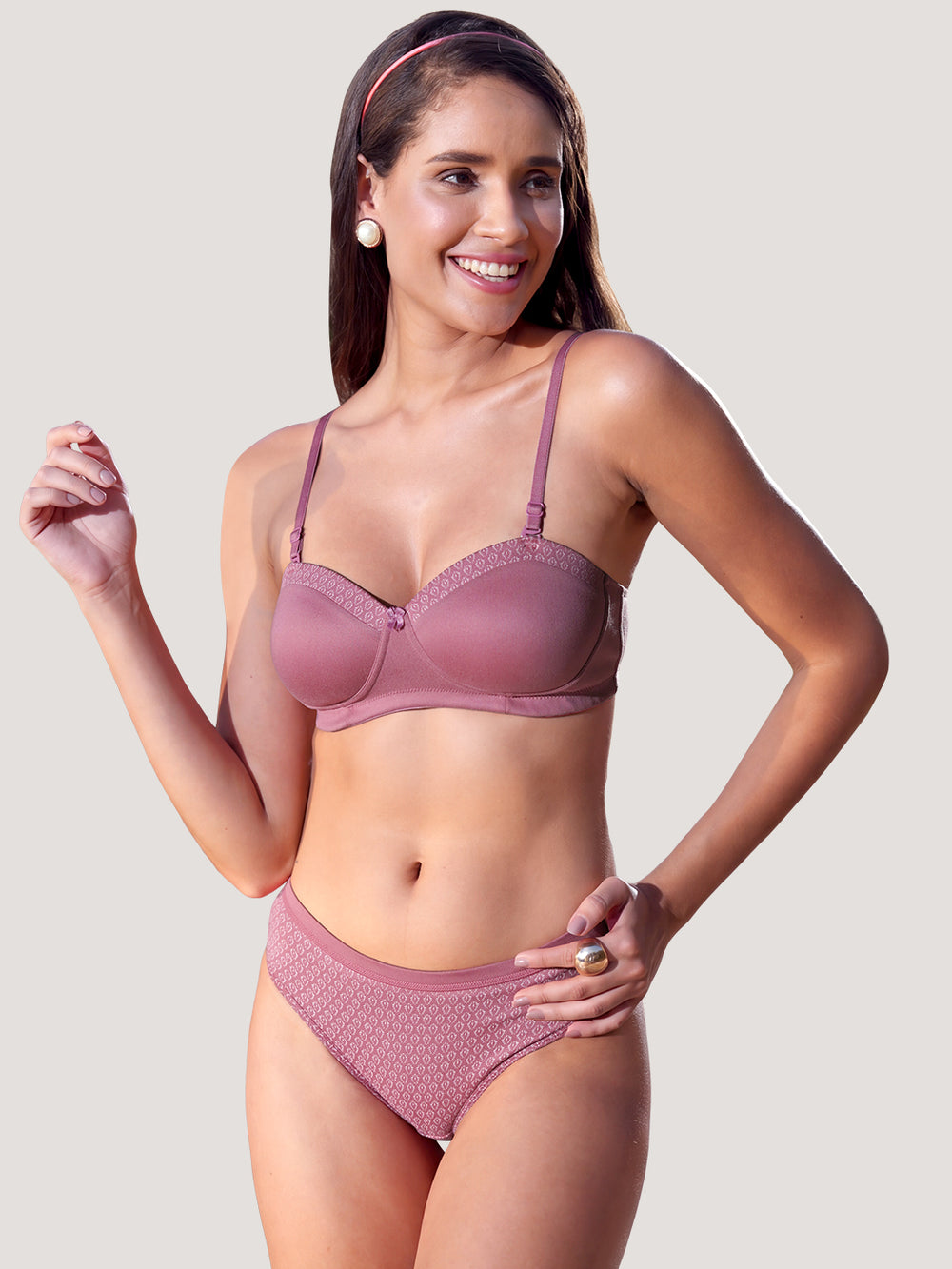 Scarlet Lingerie Set with Demi Coverage Balconette Bra and Printed Panty | DUSTY ROSE