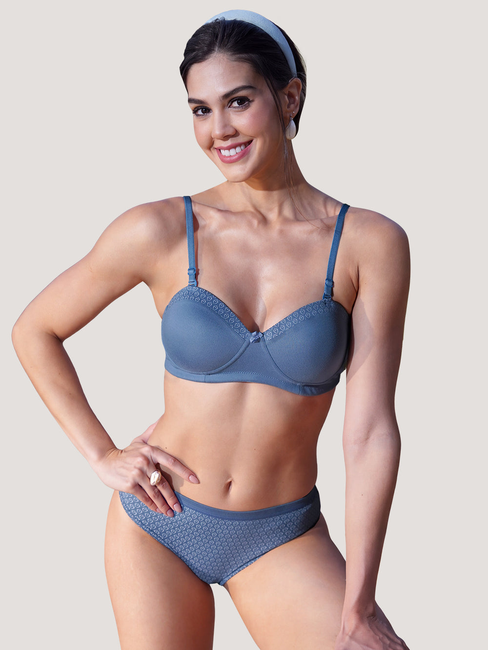 Scarlet Lingerie Set with Demi Coverage Balconette Bra and Printed Panty | TEAL BLUE