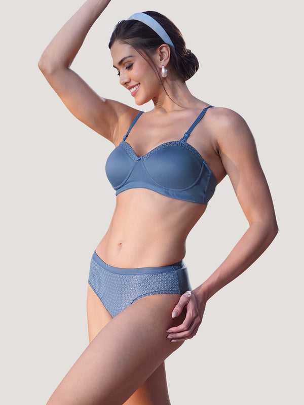 Scarlet Lingerie Set with Demi Coverage Balconette Bra and Printed Panty | TEAL BLUE