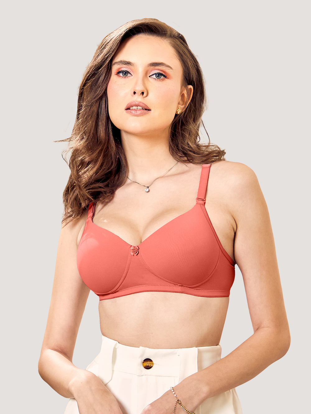 Sheley Women's Wirefree Soft Padded Cups Detachable Straps Bra-L.NUDE CORAL