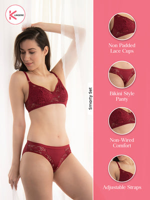 Smarty Non Padded Lace Lingerie Set with
Bikini Panty-MAROON